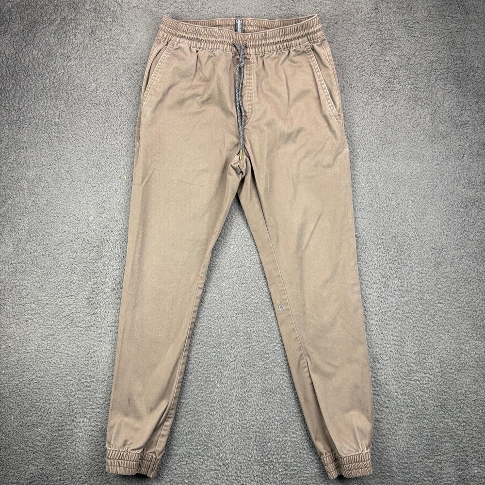 Volcom Frickin Slim Jogger Pants Mens Medium Brown Khaki Chino Elastic Waist